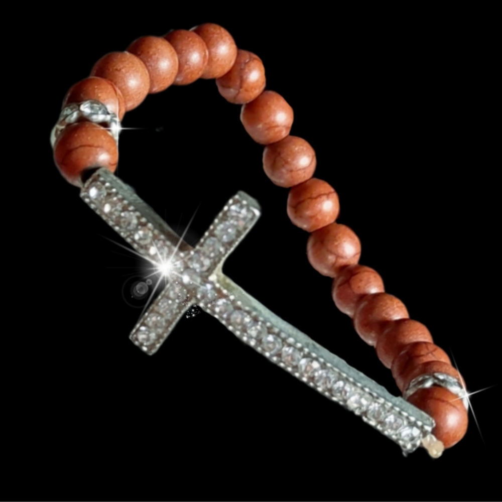 Brown Faux Wooden Beaded w/Sideways White Crystal Cross Stretch Bracelet